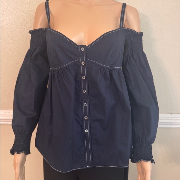Rebecca Taylor navy  Off-Shoulder Button-Down Top NWOT - Picture 4 of 7